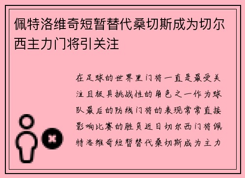 佩特洛维奇短暂替代桑切斯成为切尔西主力门将引关注 佩特洛维奇短暂替代桑切斯成为切尔西主力门将引关注