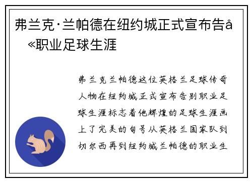 弗兰克·兰帕德在纽约城正式宣布告别职业足球生涯