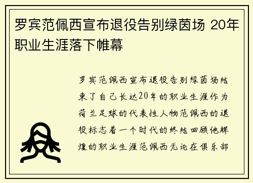 罗宾范佩西宣布退役告别绿茵场 20年职业生涯落下帷幕 罗宾范佩西宣布退役告别绿茵场 20年职业生涯落下帷幕