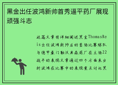 黑金出任波鸿新帅首秀逼平药厂展现顽强斗志
