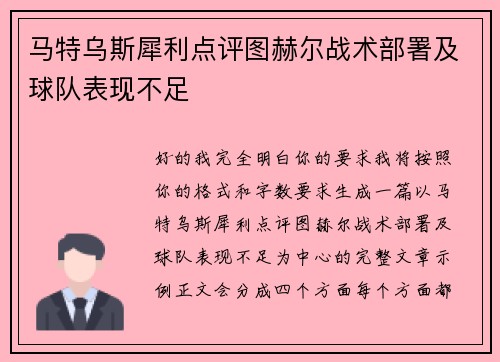 马特乌斯犀利点评图赫尔战术部署及球队表现不足